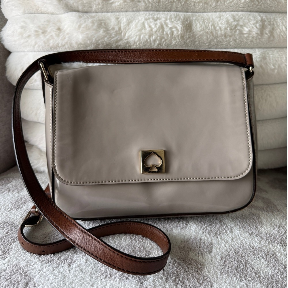 Kate Spade New York Patent Leather Crossbody Bag Brown Trim Polka Dot Lining